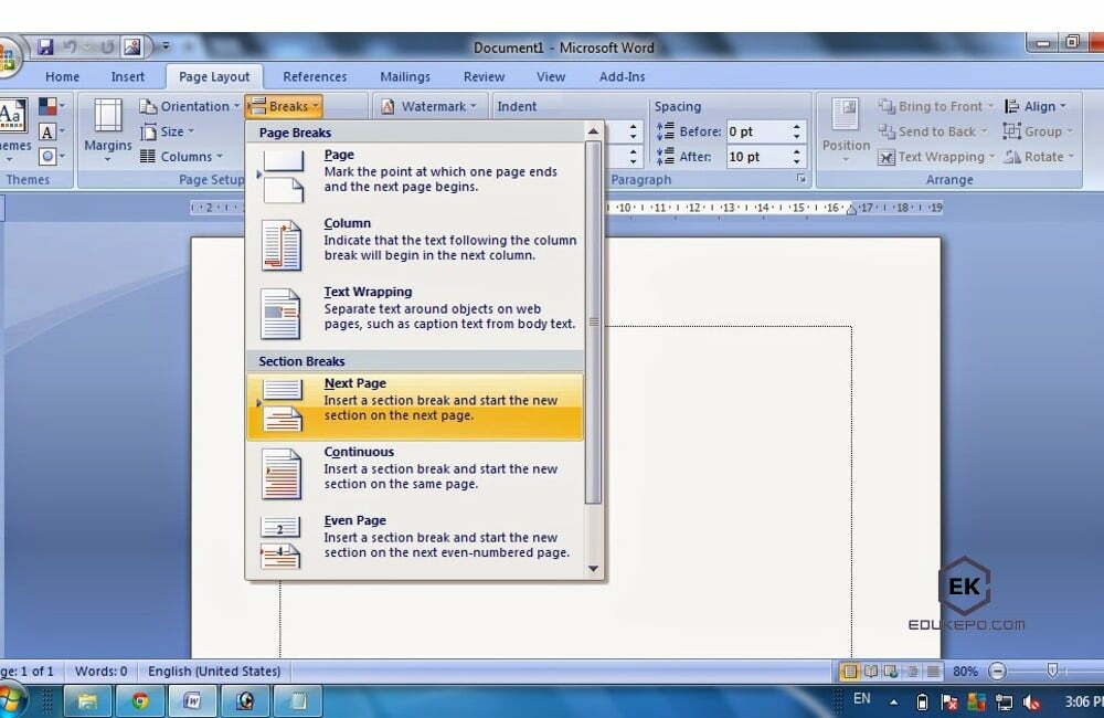 Gabungkan halaman Landscape dan Portrait menggunakan fungsi Fitur Breaks