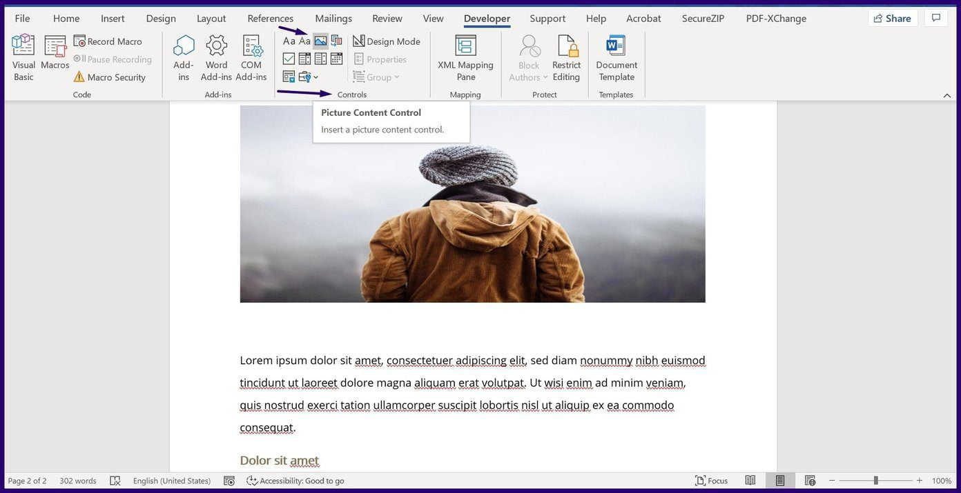 Mengamankan gambar menggunakan fungsi Kontrol Konten Gambar dari tab Pengembang di Microsoft Word