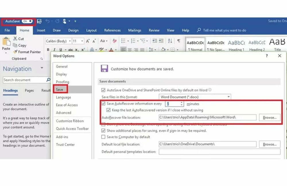 Pengaturan pencadangan otomatis Word